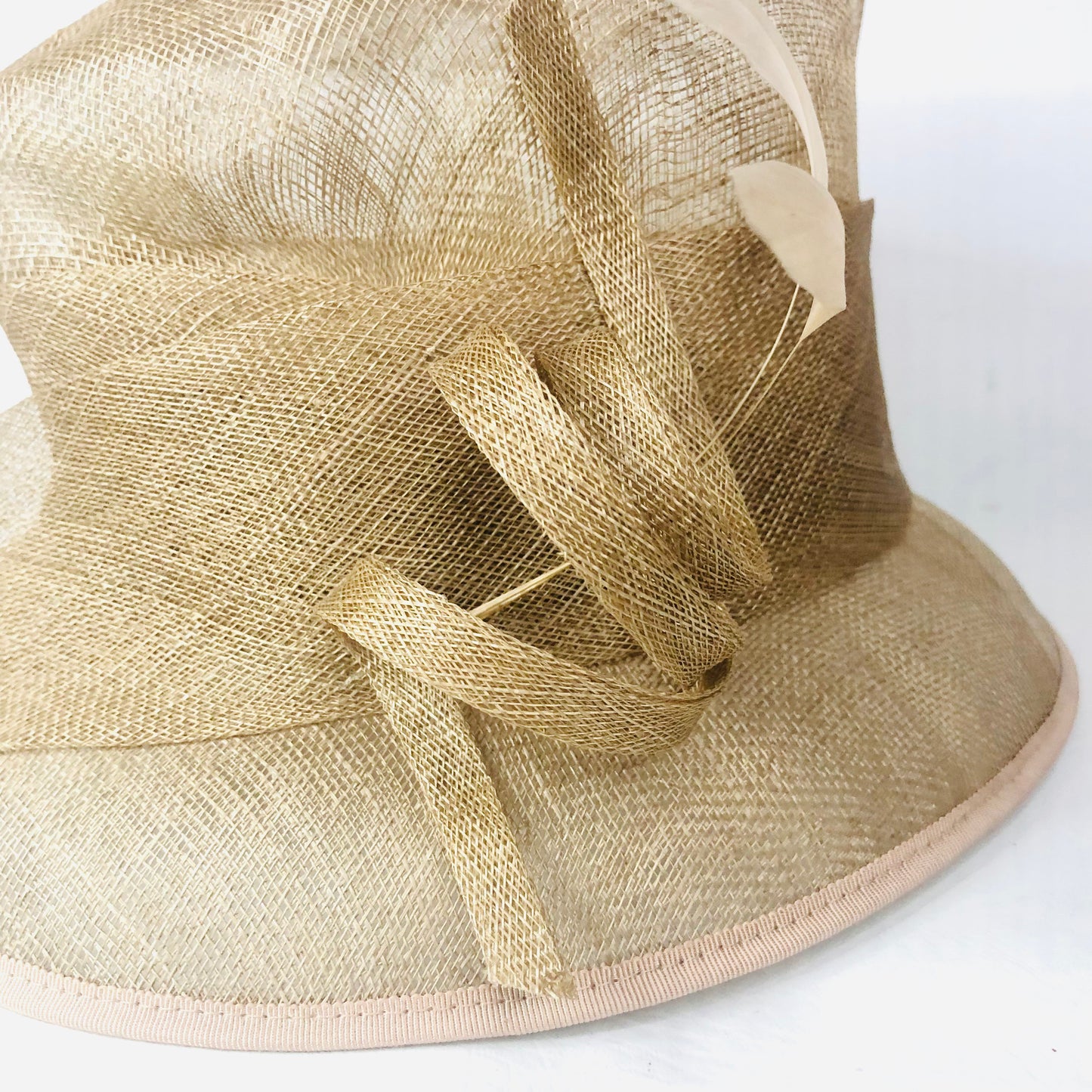Debut Gold Taupe Short Brim Special Occasion Wedding Ascot Sinamay Mesh Hat