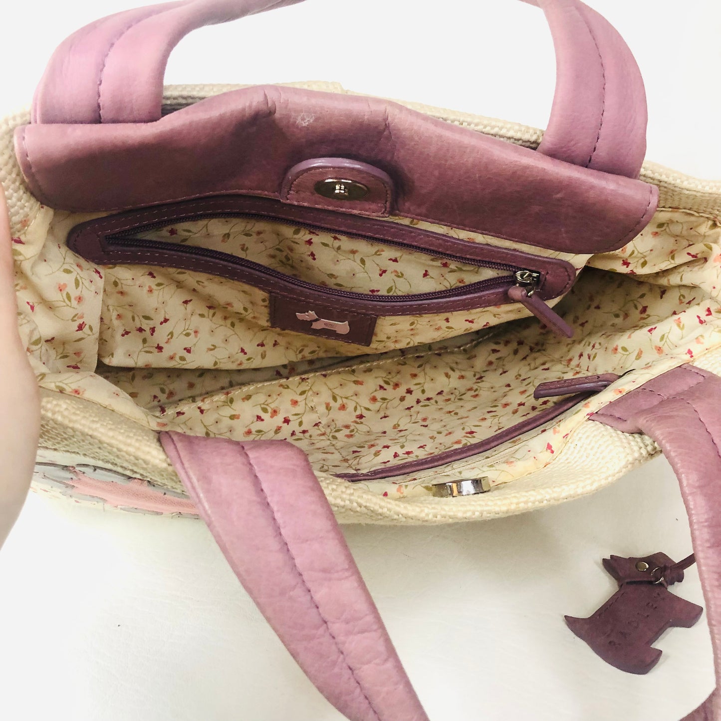 Radley Woven & Leather Beige Lavender Grab Bag Handbag Flower Appliqué Dog Charm