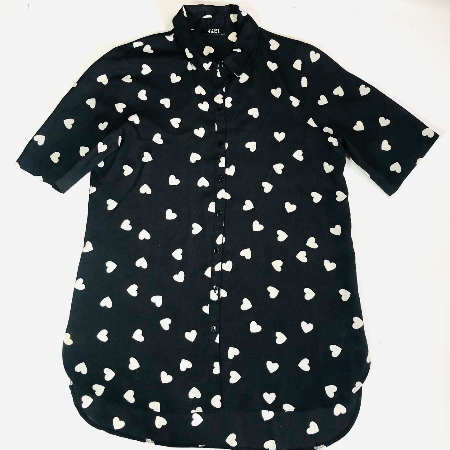 G21 Women's Black & White Longline Blouse Chiffon Shirt White Heart Pattern Size 14