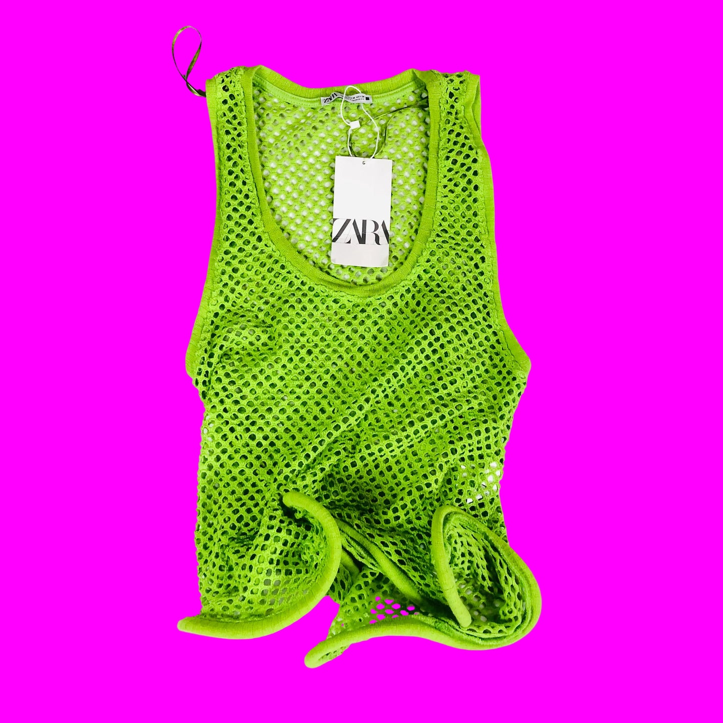 Zara Lime Green Rigid Statement Hem Mesh Vest Top Size Medium NEW