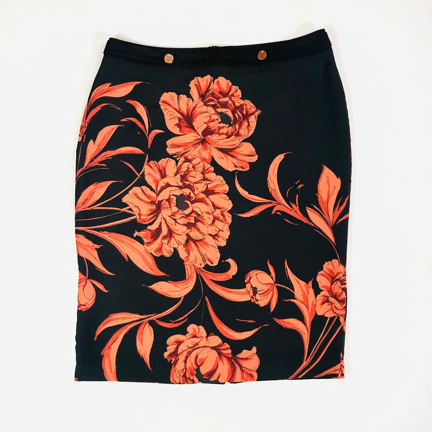 Per Una Orange & Black Lightweight Silky Satin Pencil Wiggle Straight Skirt Size 12