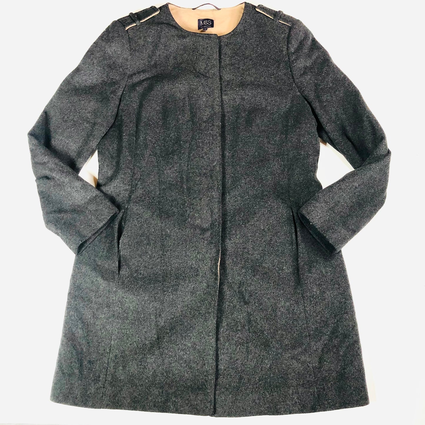 M&S Collarless Coat Jacket Grey Wool & Cashmere Blend Smart Occassion Nova Tides Size UK 14