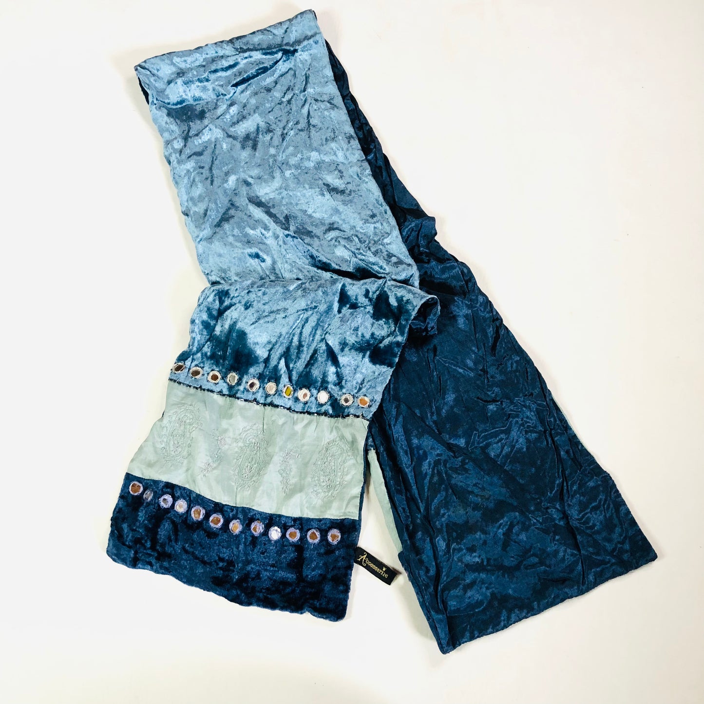 Accessorize Blue Crushed Velvet Y2K Boho Slim Scarf Wrap Viscose & Silk 61" x 9.5"