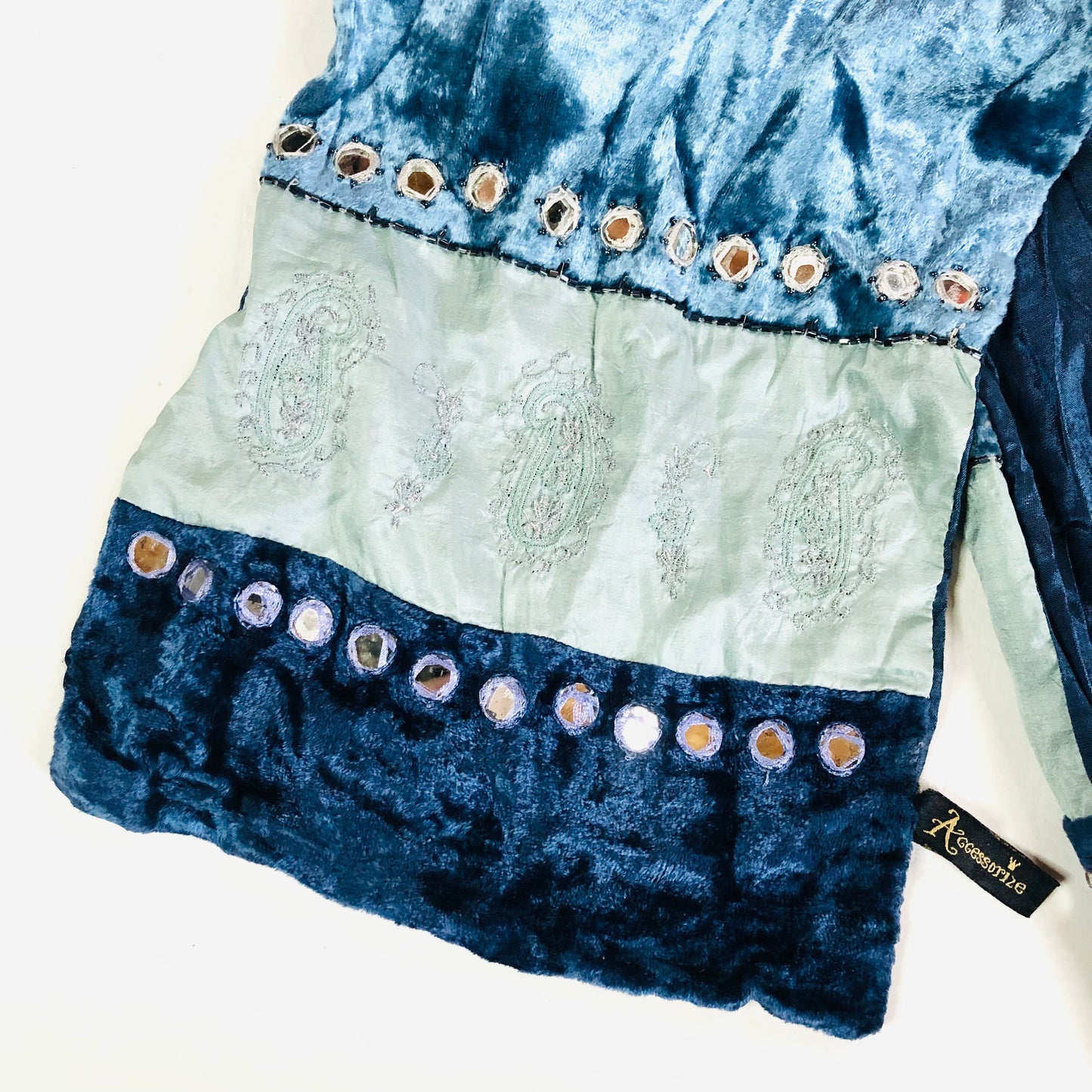 Accessorize Blue Crushed Velvet Y2K Boho Slim Scarf Wrap Viscose & Silk 61" x 9.5"
