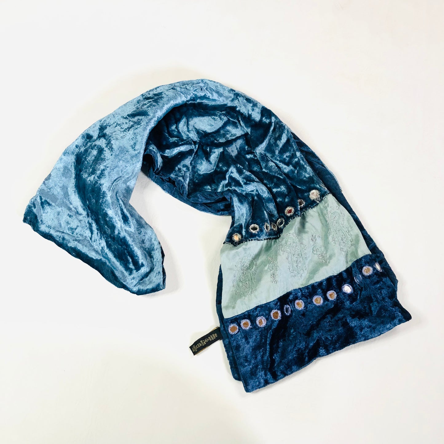 Accessorize Blue Crushed Velvet Y2K Boho Slim Scarf Wrap Viscose & Silk 61" x 9.5"