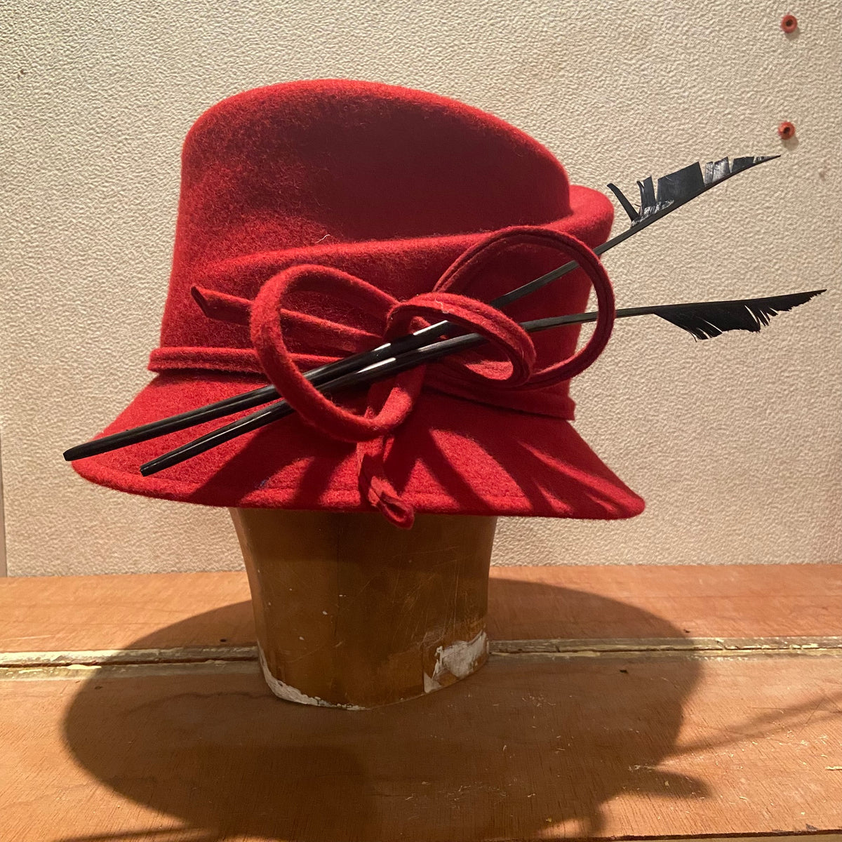 Vintage | Whiteley Hat Company | Wool Felt | Red & Black | 20s Style | Asymmetric Cloche | Winter Formal | Downton Abbey