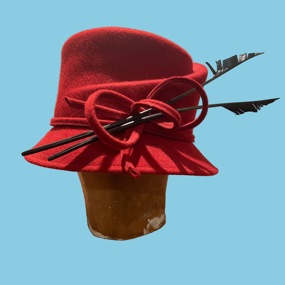Vintage | Whiteley Hat Company | Wool Felt | Red & Black | 20s Style | Asymmetric Cloche | Winter Formal | Downton Abbey
