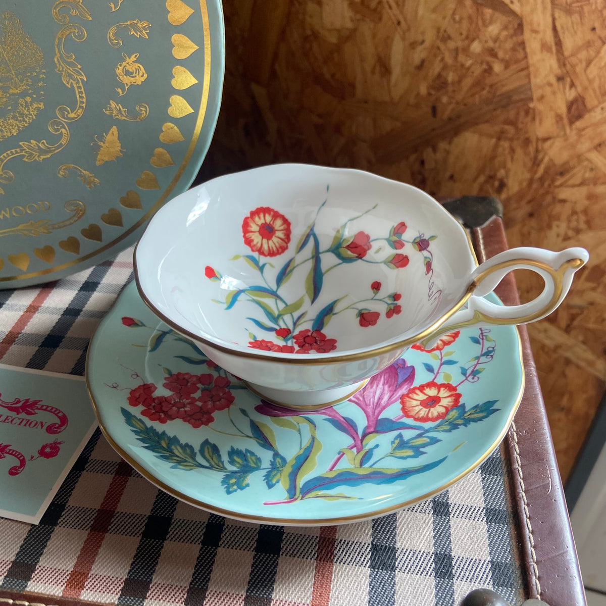 Wedgwood | China Harlequin Collection | Turquoise | Crocus Footed Tea Cup & Saucer | Bridgerton Style | NEW Boxed