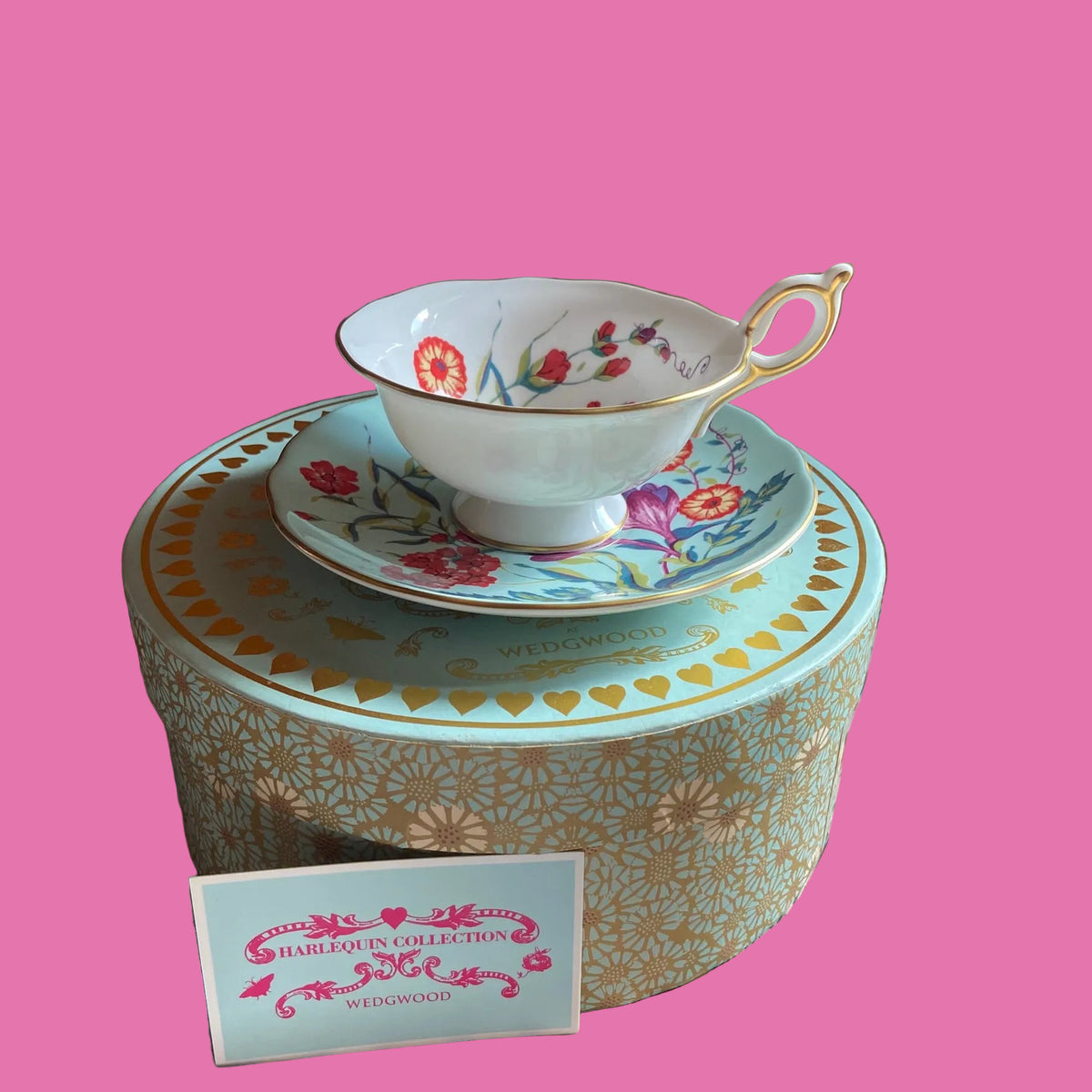 Wedgwood | China Harlequin Collection | Turquoise | Crocus Footed Tea Cup & Saucer | Bridgerton Style | NEW Boxed