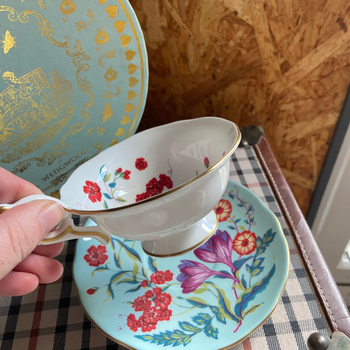 Wedgwood | China Harlequin Collection | Turquoise | Crocus Footed Tea Cup & Saucer | Bridgerton Style | NEW Boxed