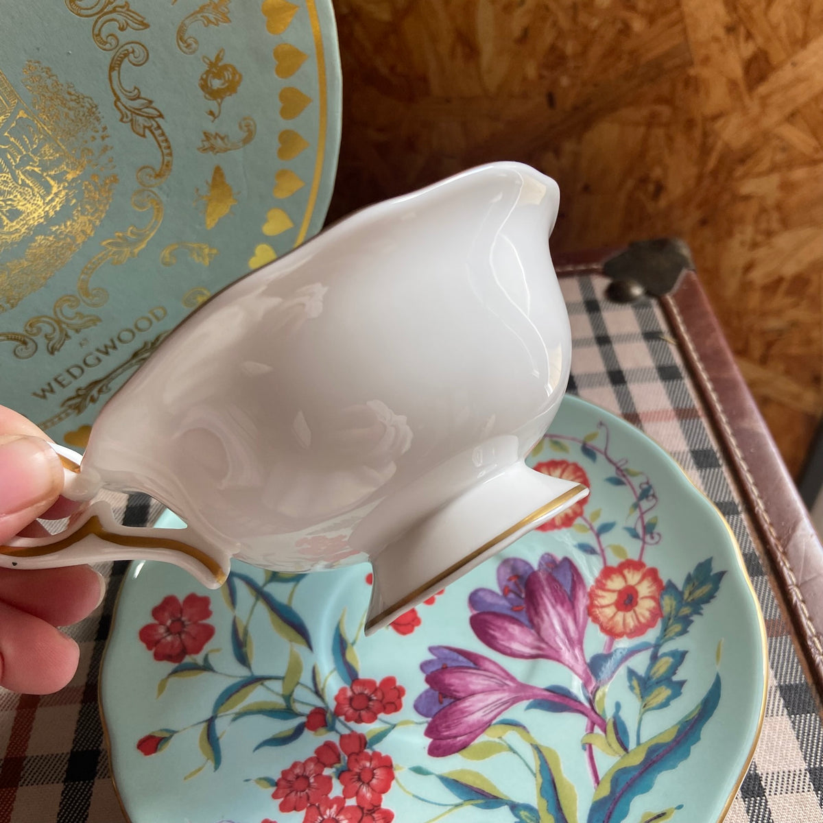 Wedgwood | China Harlequin Collection | Turquoise | Crocus Footed Tea Cup & Saucer | Bridgerton Style | NEW Boxed