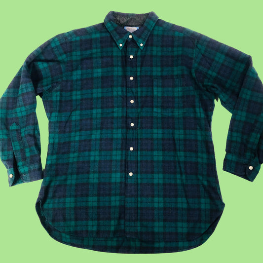 Pendleton 100% Wool Shirt Button Down Green Black Watch Tartan Plaid Size XL Vintage Made in USA