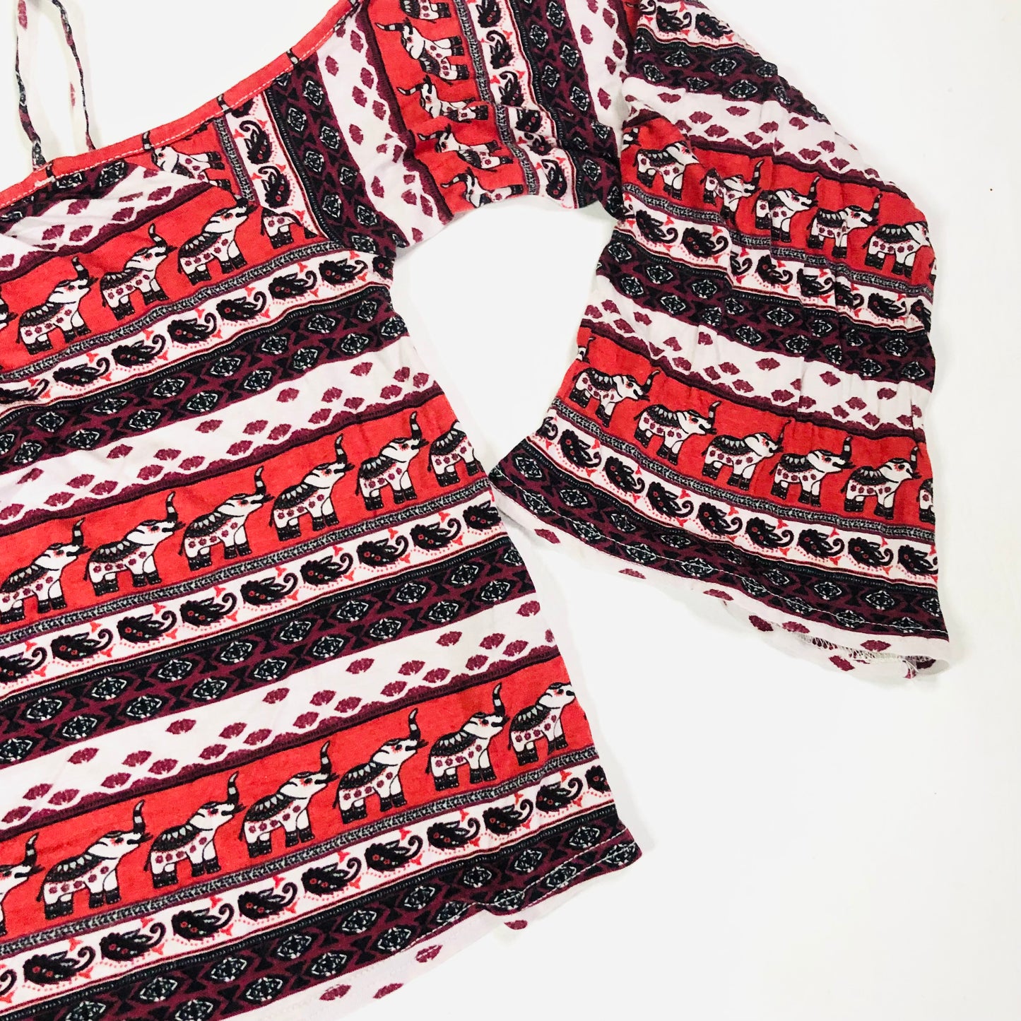 H&M Cochella Boho Festival Terracotta & Black Elephant Off Shoulder Top Size XS