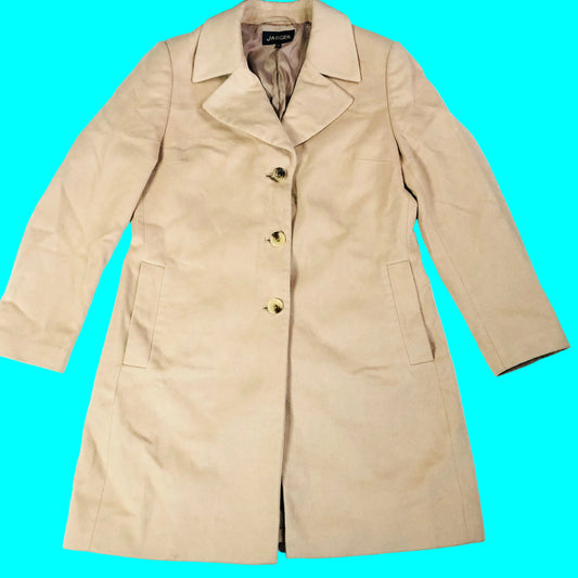 JAEGER Boyfriend Trench Coat Camel Beige Womens Mid Length Wool Blend Size 14