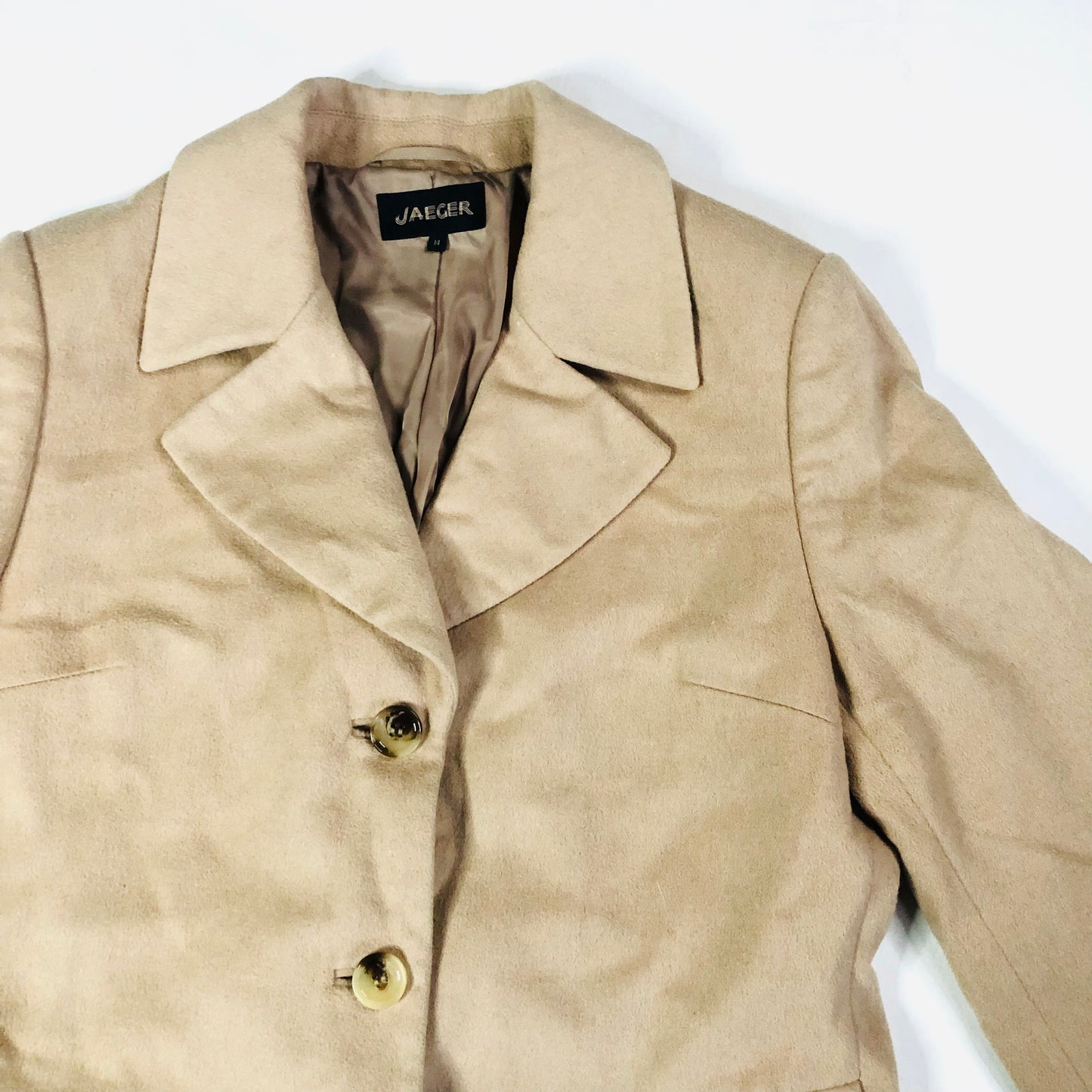 JAEGER Boyfriend Trench Coat Camel Beige Womens Mid Length Wool Blend Size 14