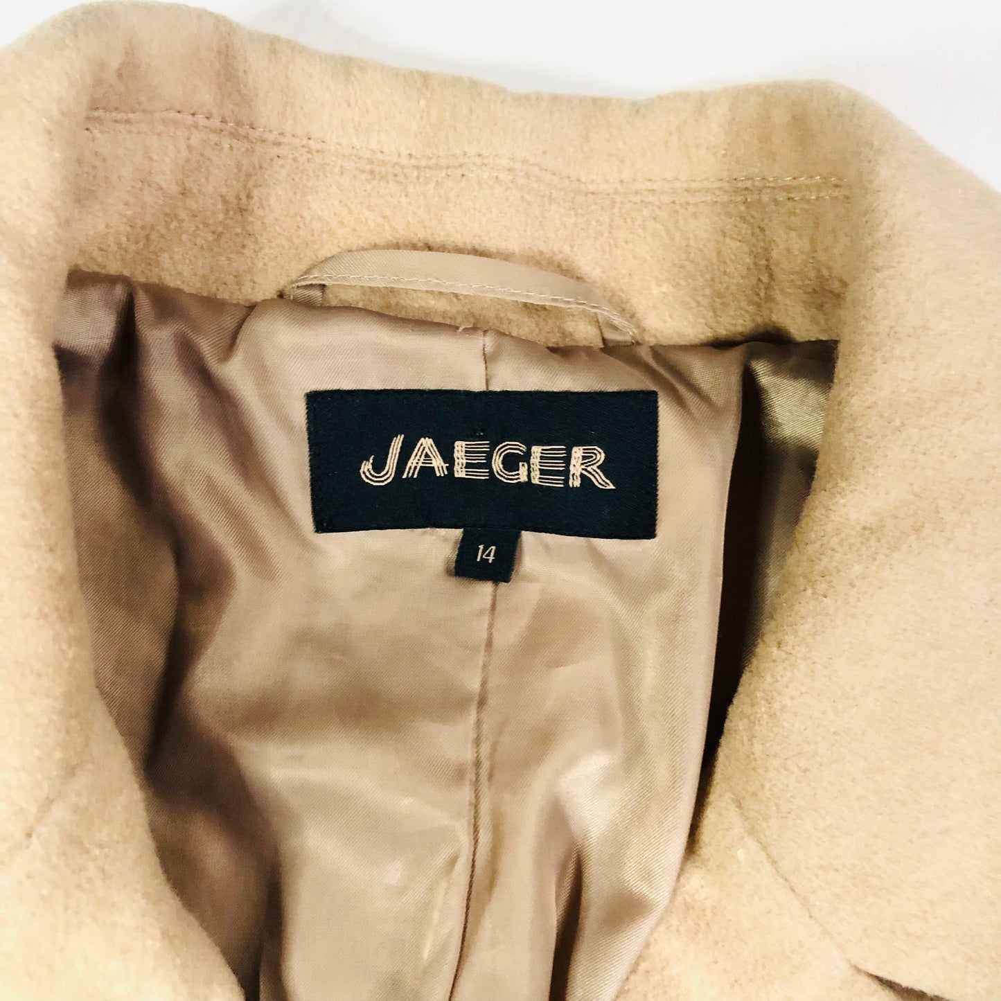 JAEGER Boyfriend Trench Coat Camel Beige Womens Mid Length Wool Blend Size 14