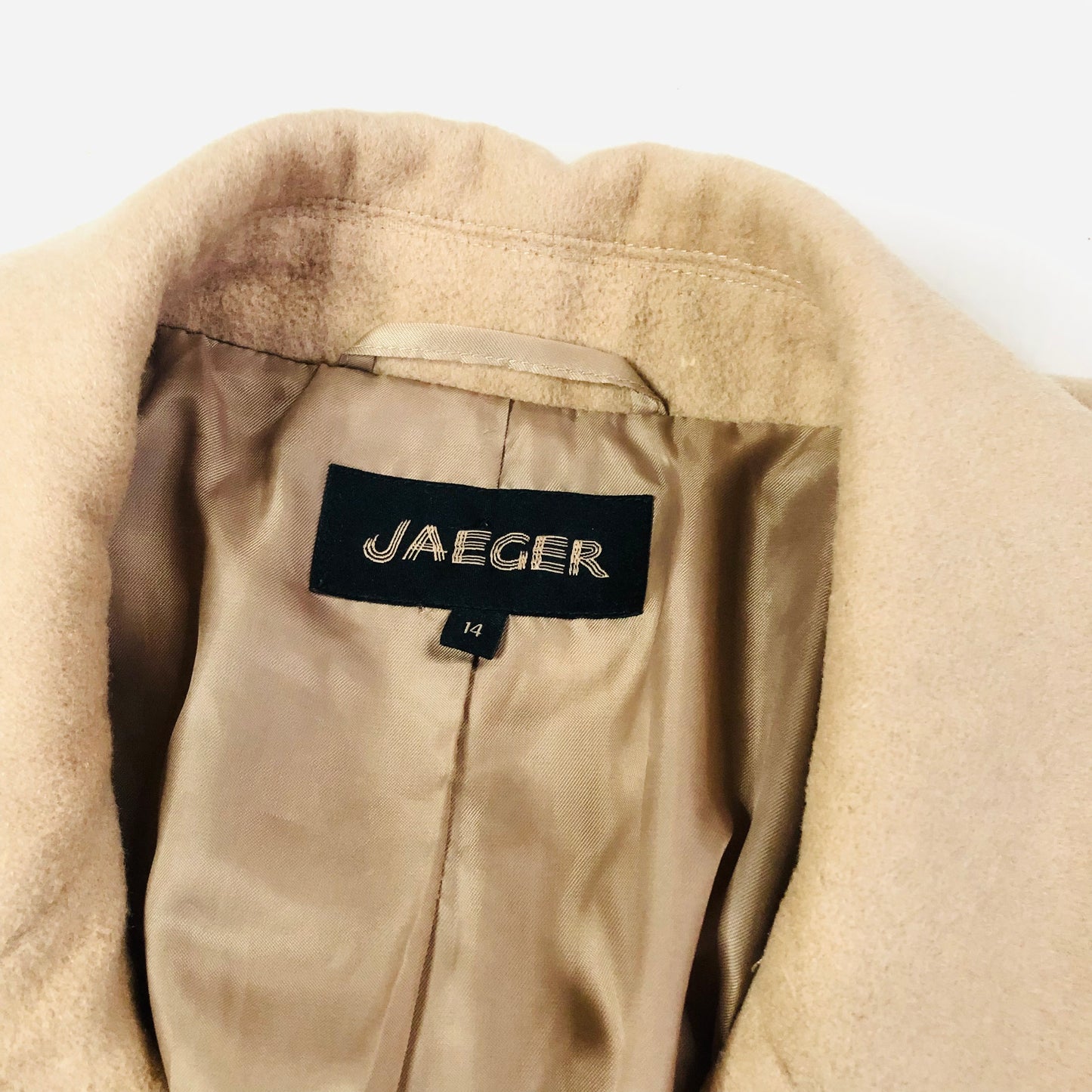 JAEGER Boyfriend Trench Coat Camel Beige Womens Mid Length Wool Blend Size 14