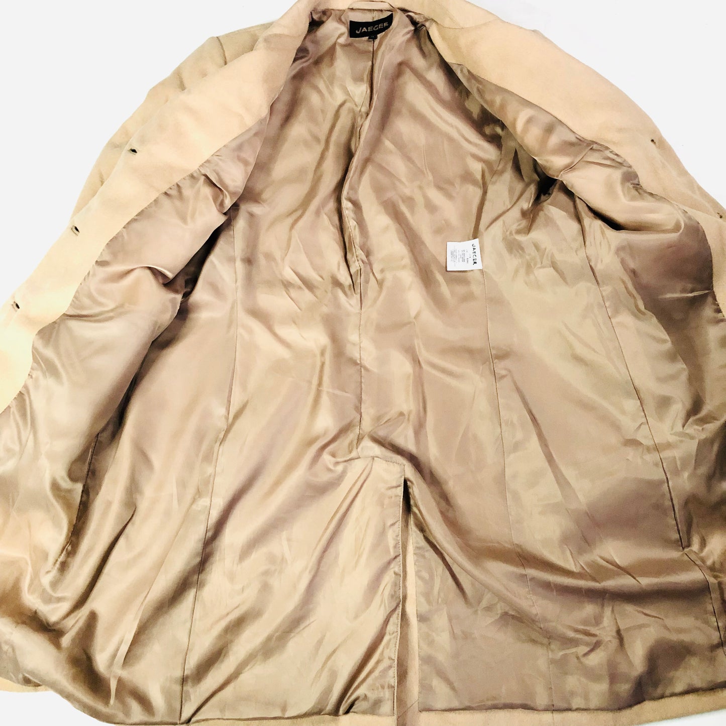 JAEGER Boyfriend Trench Coat Camel Beige Womens Mid Length Wool Blend Size 14