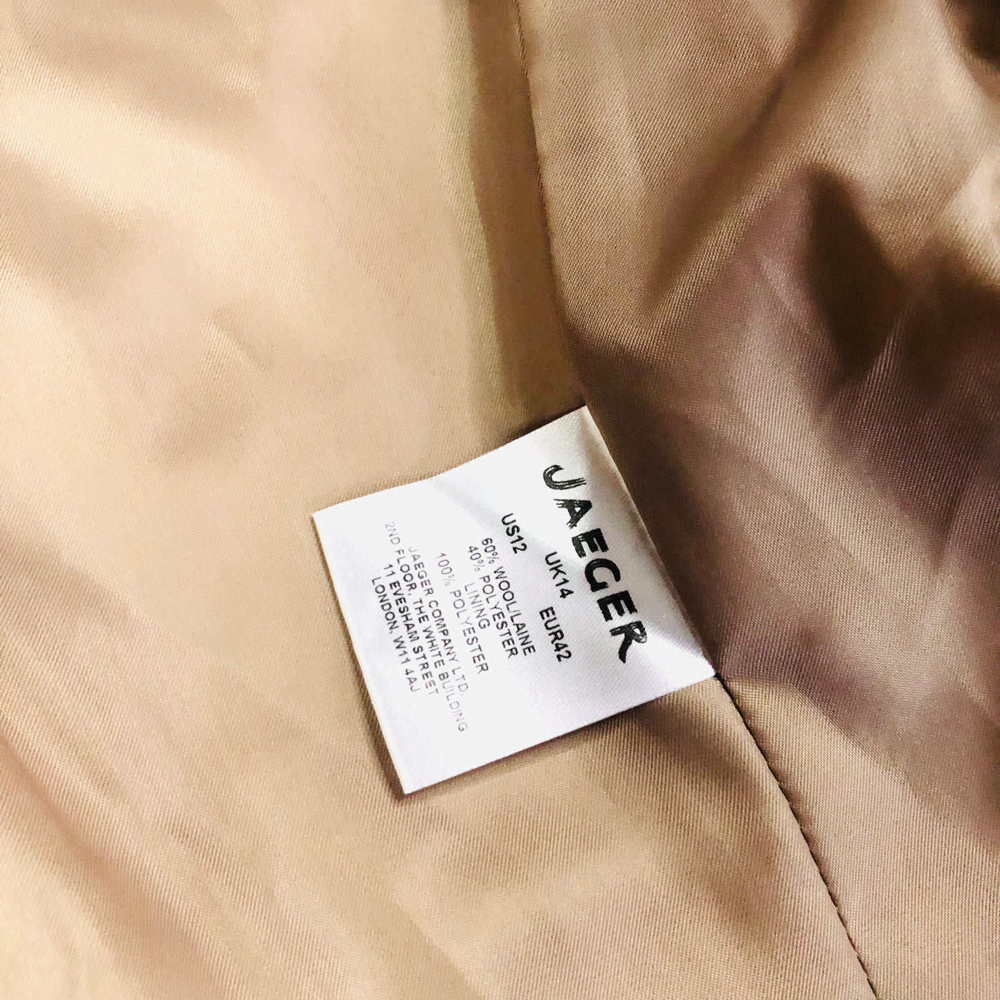 JAEGER Boyfriend Trench Coat Camel Beige Womens Mid Length Wool Blend Size 14