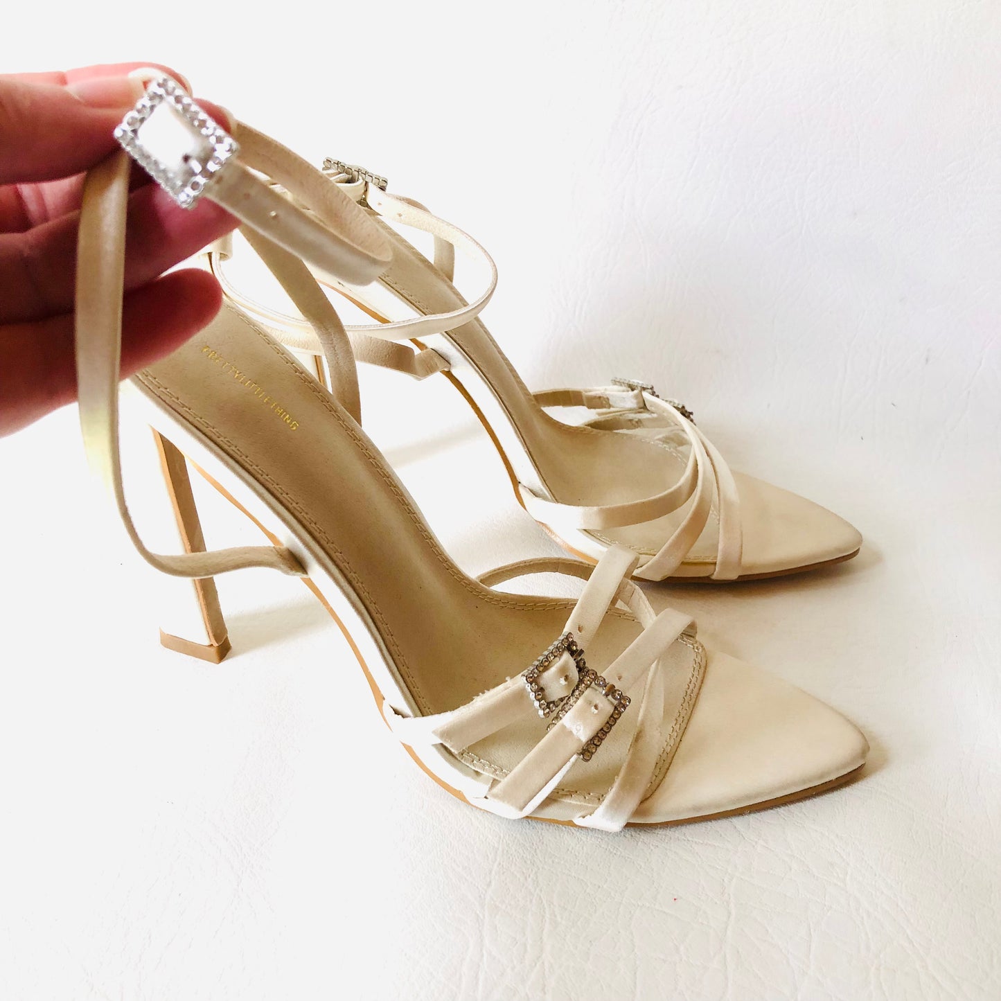 Pretty Little Thing Ivory White Bridal Pointed Strappy Diamanté Buckle Heel Sandals 5 NEW