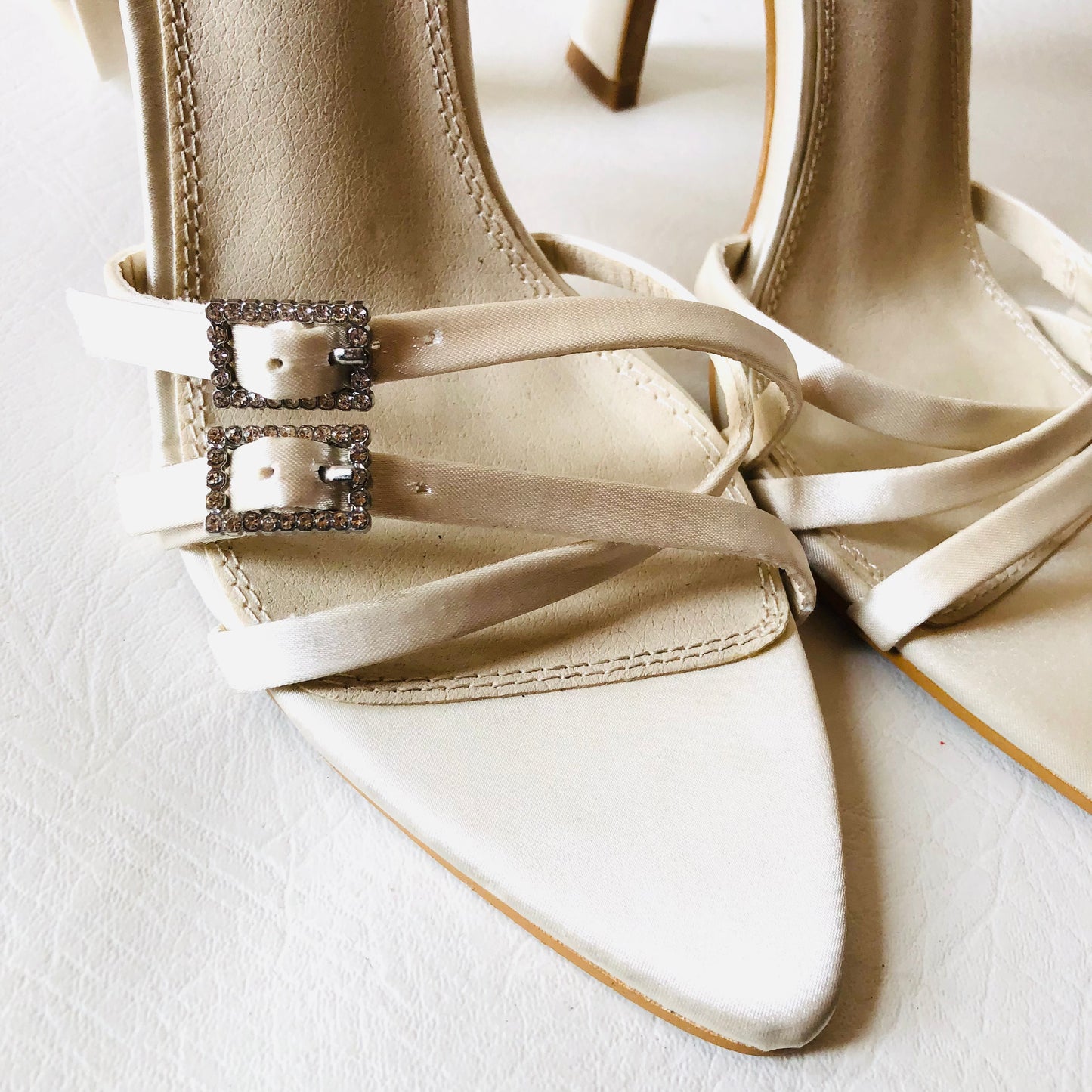 Pretty Little Thing Ivory White Bridal Pointed Strappy Diamanté Buckle Heel Sandals 5 NEW