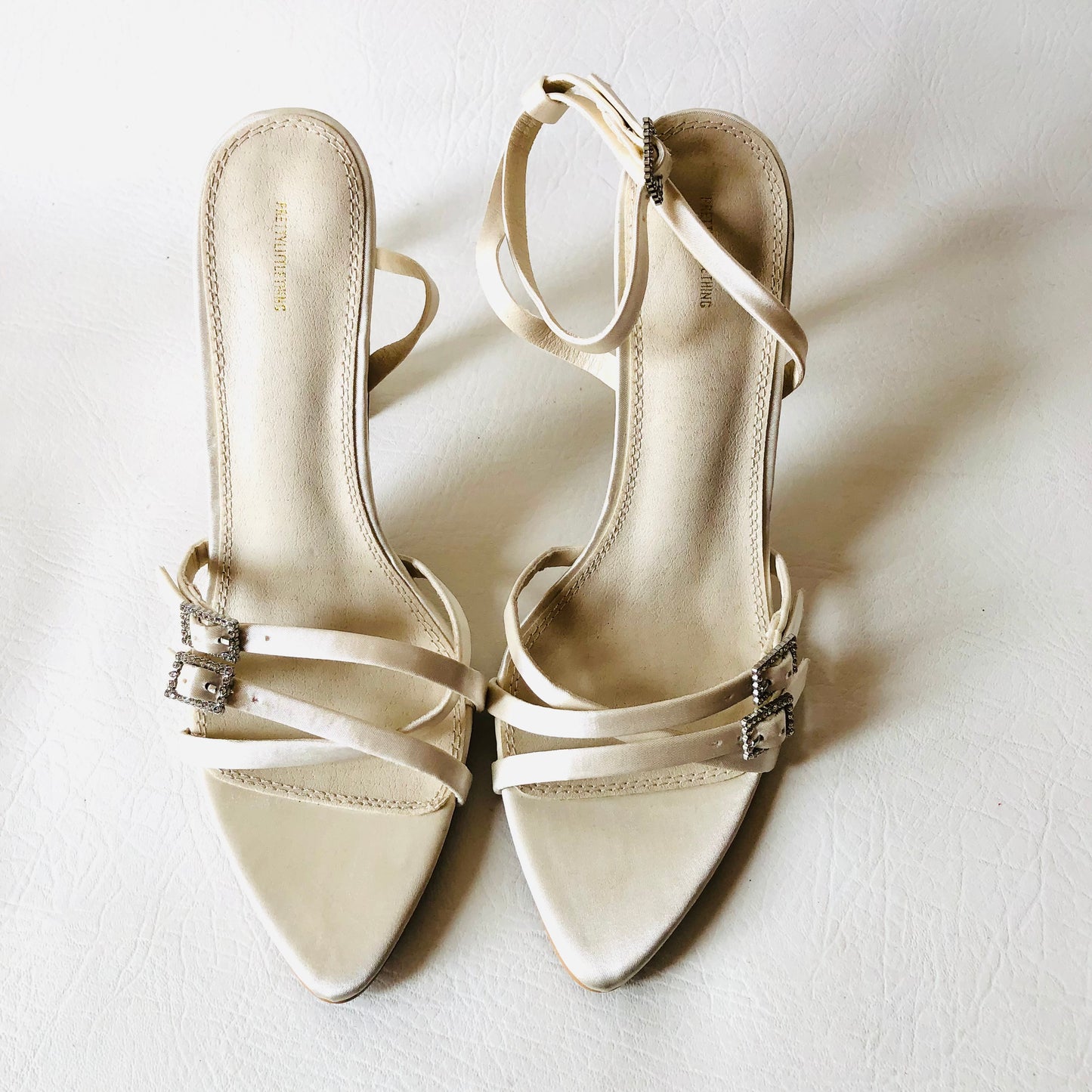 Pretty Little Thing Ivory White Bridal Pointed Strappy Diamanté Buckle Heel Sandals 5 NEW
