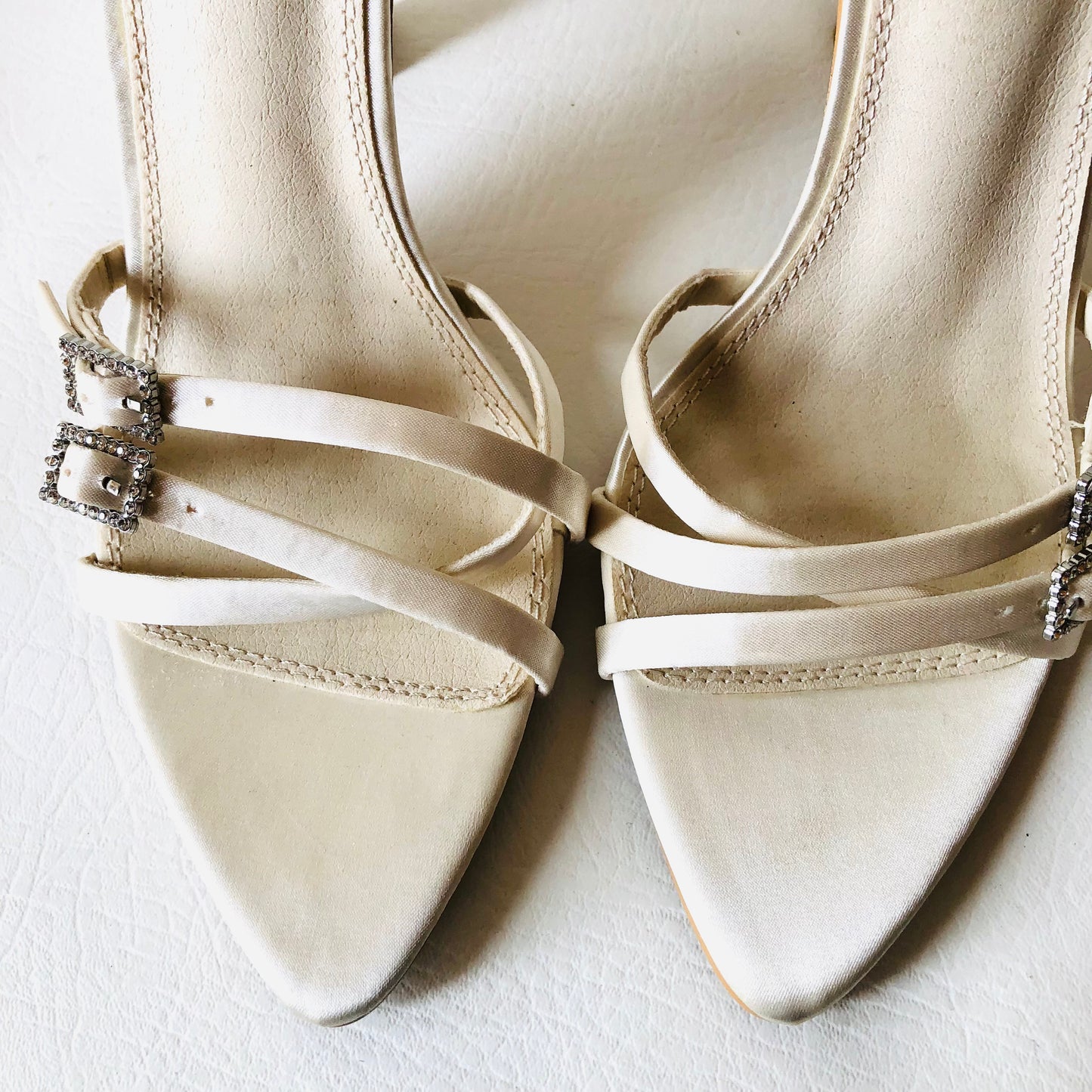 Pretty Little Thing Ivory White Bridal Pointed Strappy Diamanté Buckle Heel Sandals 5 NEW