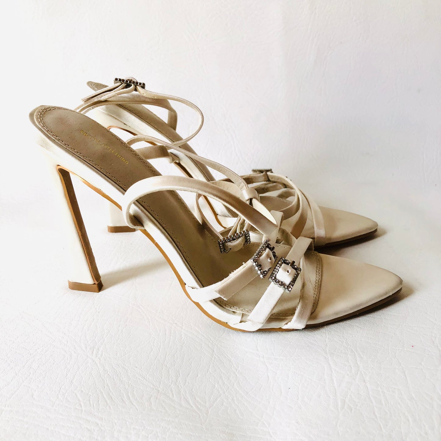 Pretty Little Thing Ivory White Bridal Pointed Strappy Diamanté Buckle Heel Sandals 5 NEW