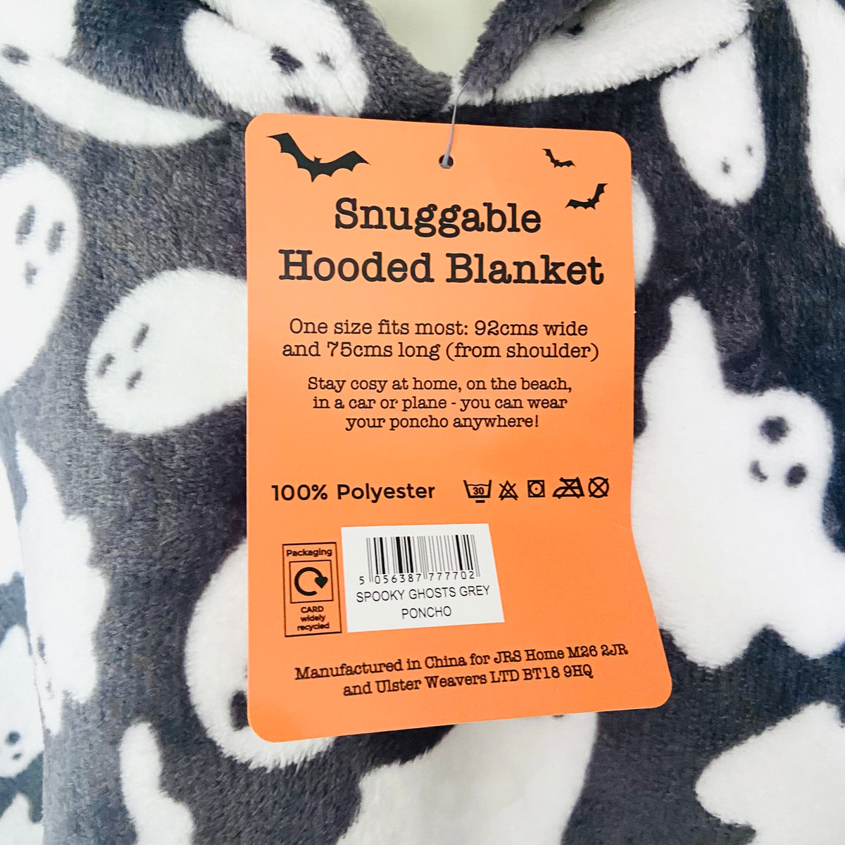 Kids | Bedlam | Snuggable Hooded Wearable Blanket | Poncho | Ghost Print | 92 x 75cm | NEW | Halloween | Soft | RRP £30