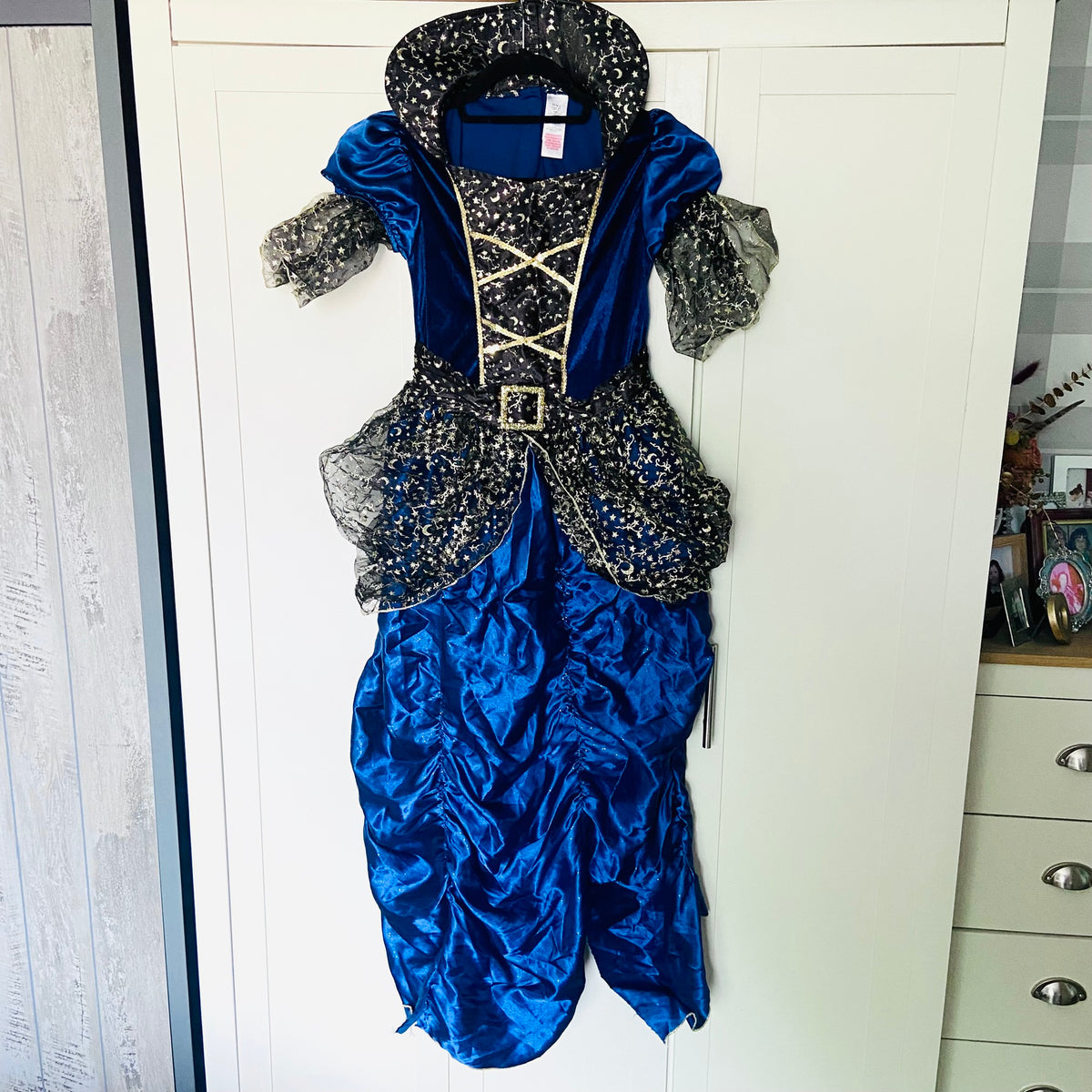 Girls Halloween Witch Costume | Dress | Blue & Gold Trim | Age 11-12 Years | Damaged