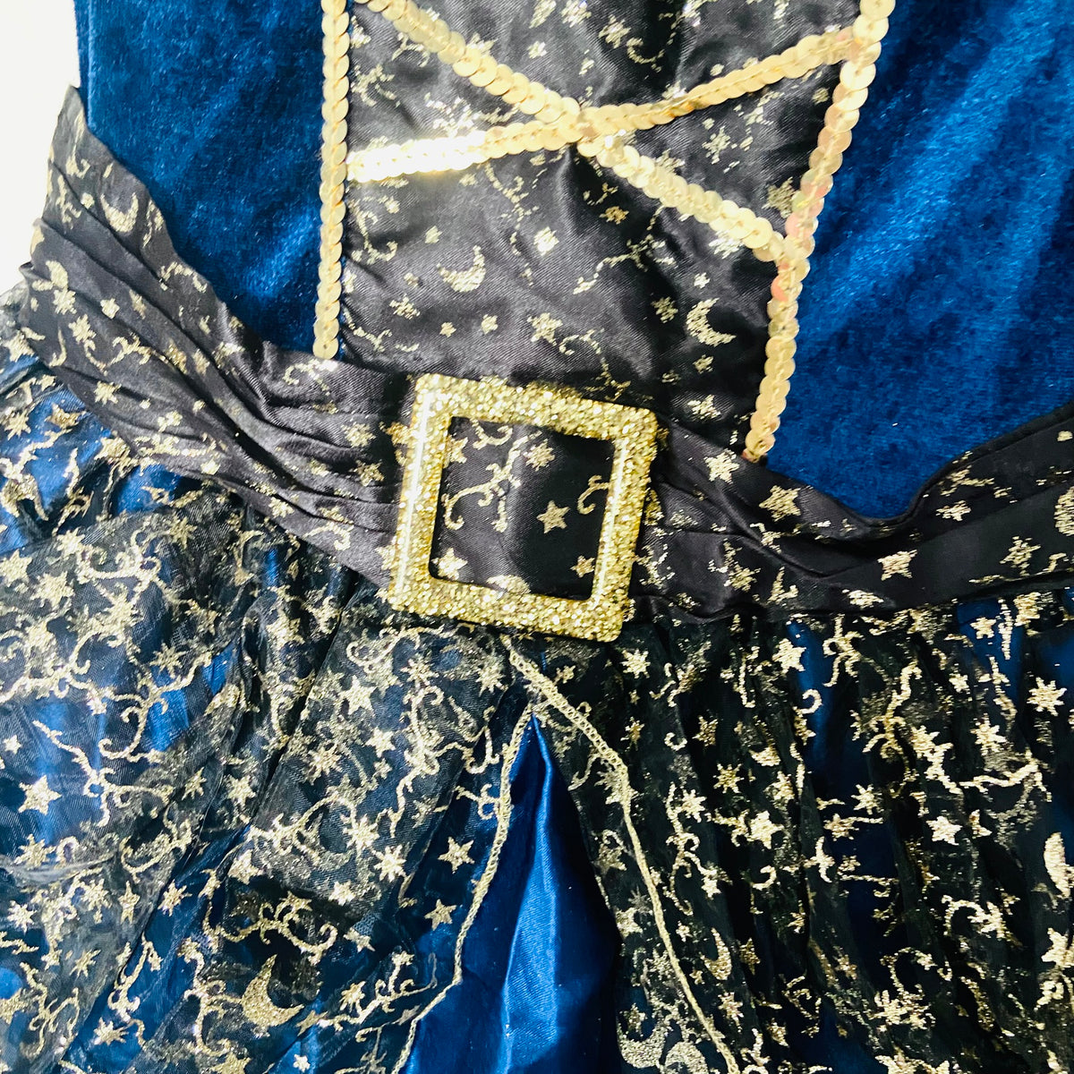 Girls Halloween Witch Costume | Dress | Blue & Gold Trim | Age 11-12 Years | Damaged