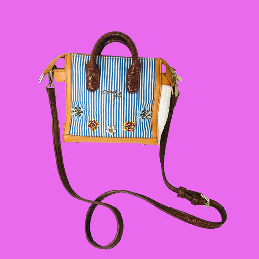 Axel Girl Small Melody Bag Navy Blue & White Striped Tan W/ Flowers Crossbody Handbag