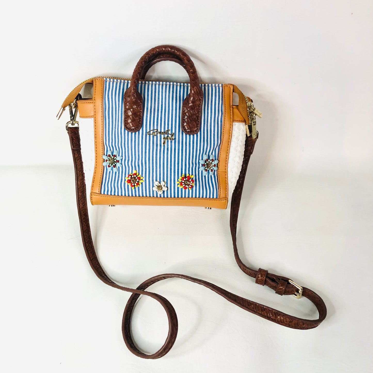 Axel Girl Small Melody Bag Navy Blue & White Striped Tan W/ Flowers Crossbody Handbag