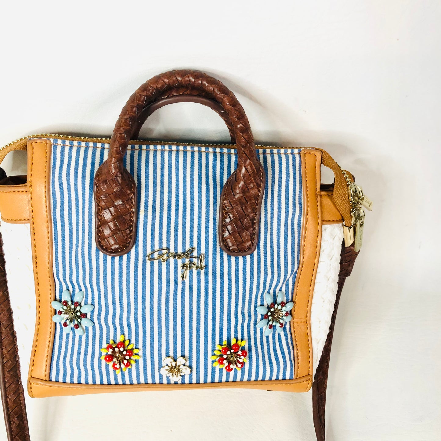Axel Girl Small Melody Bag Navy Blue & White Striped Tan W/ Flowers Crossbody Handbag