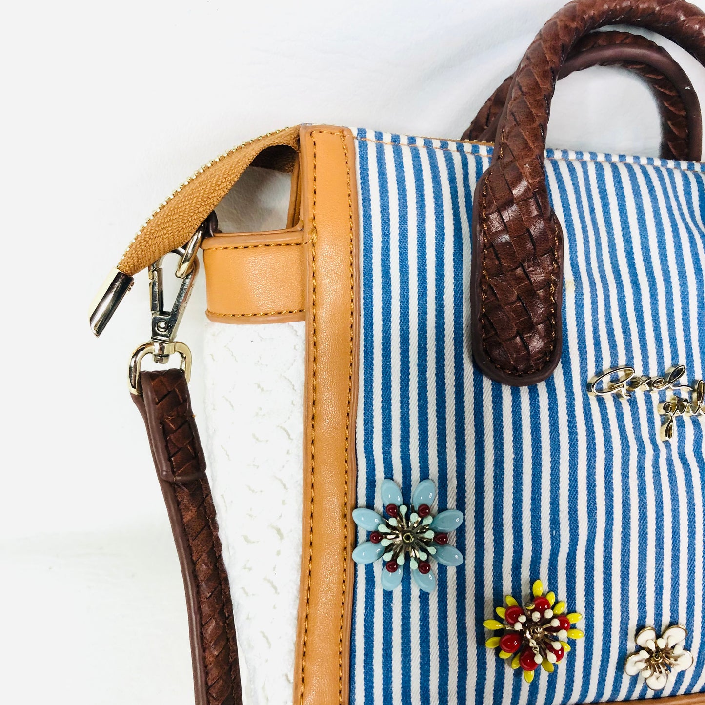 Axel Girl Small Melody Bag Navy Blue & White Striped Tan W/ Flowers Crossbody Handbag