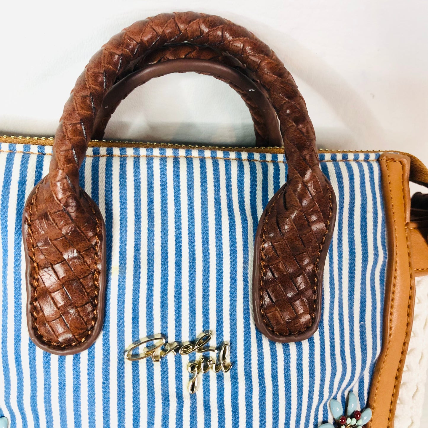 Axel Girl Small Melody Bag Navy Blue & White Striped Tan W/ Flowers Crossbody Handbag