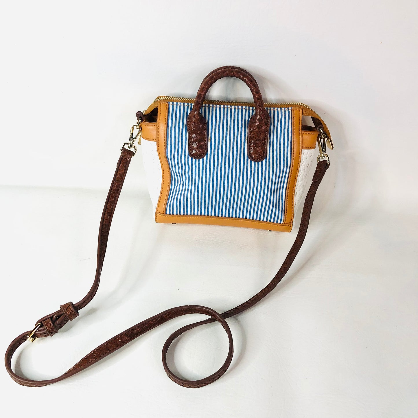 Axel Girl Small Melody Bag Navy Blue & White Striped Tan W/ Flowers Crossbody Handbag
