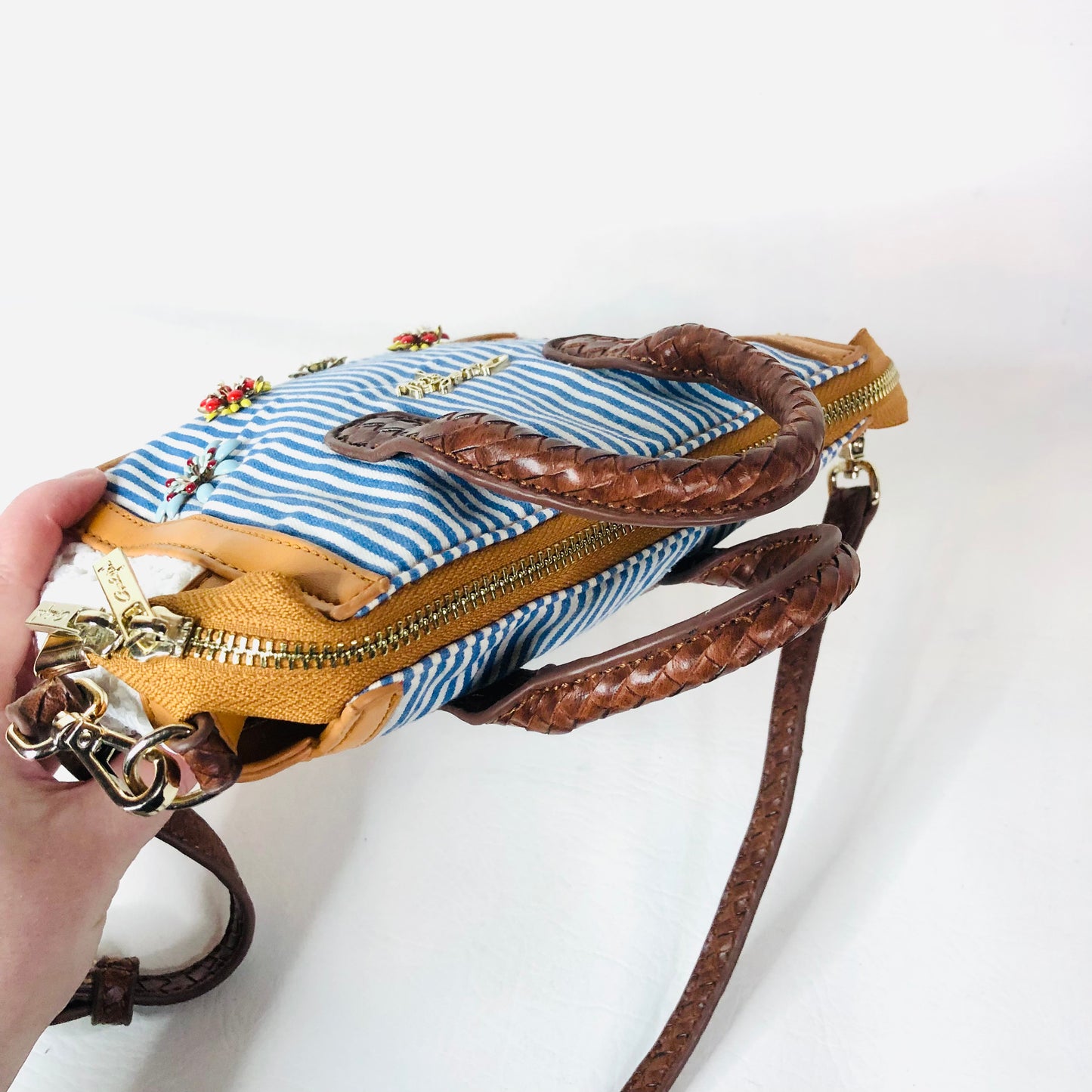 Axel Girl Small Melody Bag Navy Blue & White Striped Tan W/ Flowers Crossbody Handbag