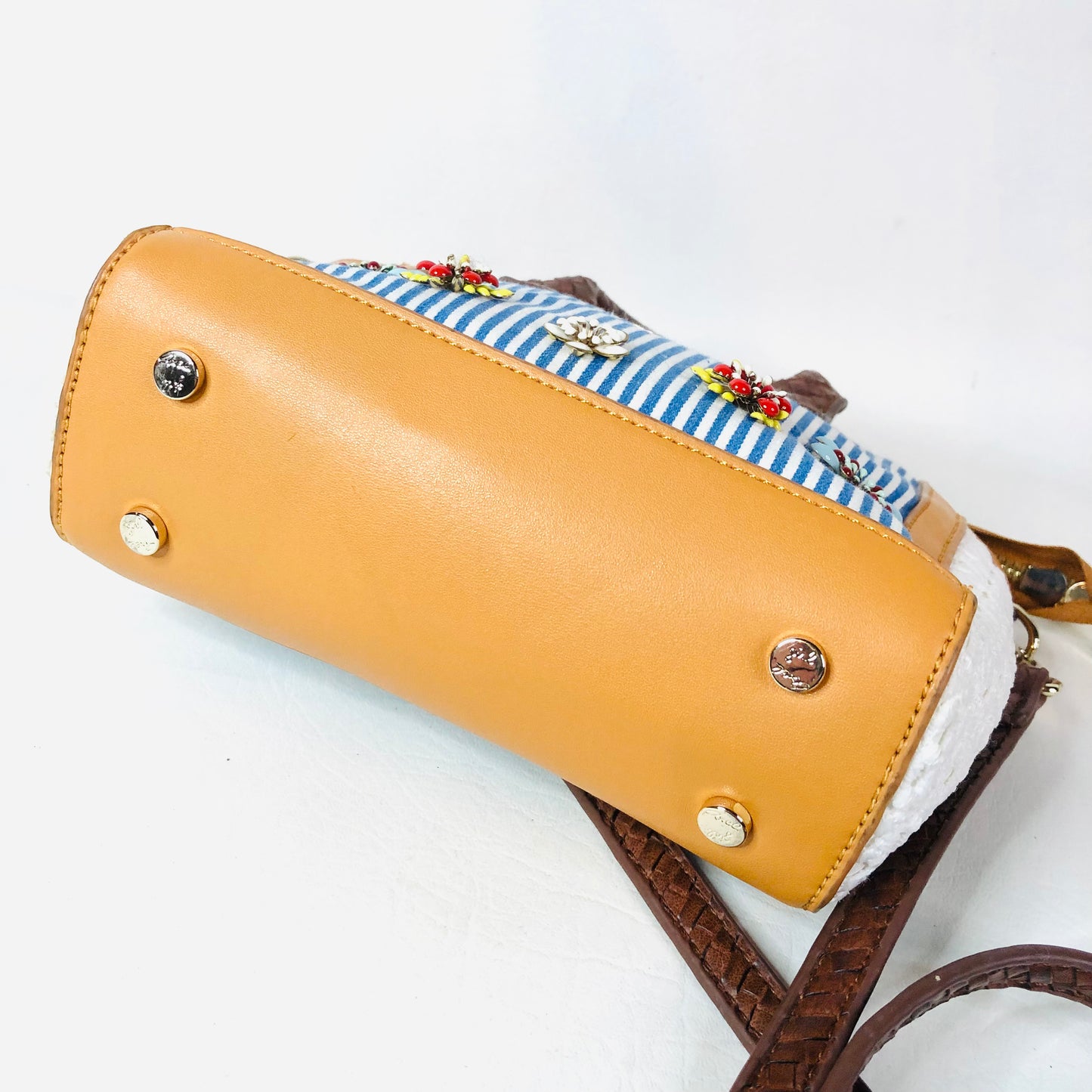 Axel Girl Small Melody Bag Navy Blue & White Striped Tan W/ Flowers Crossbody Handbag