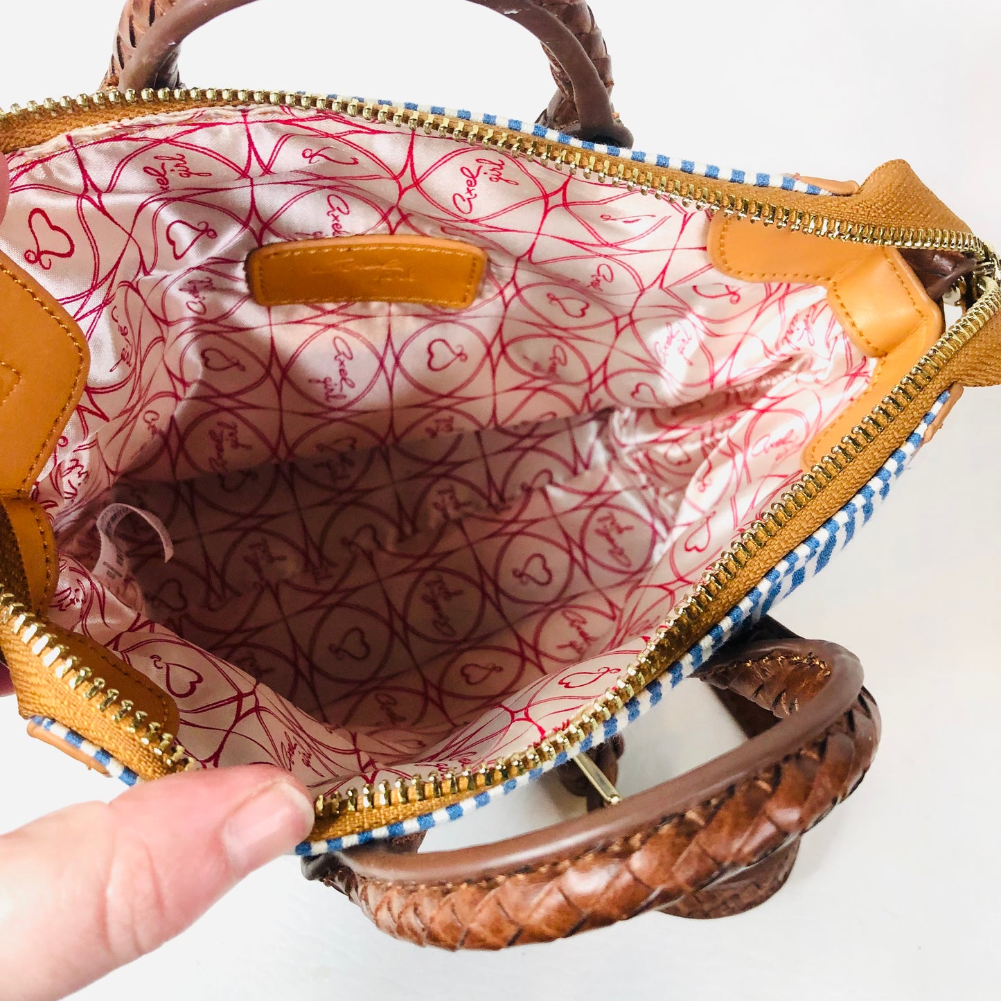 Axel Girl Small Melody Bag Navy Blue & White Striped Tan W/ Flowers Crossbody Handbag