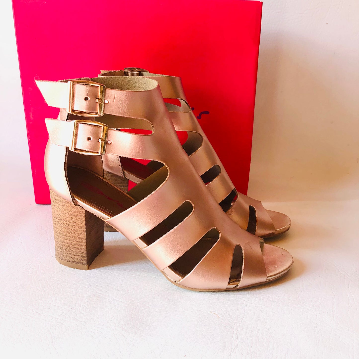 Dolcis Rose Gold Strappy Gladiator Style Block Sandal Heels Size 6 (39)