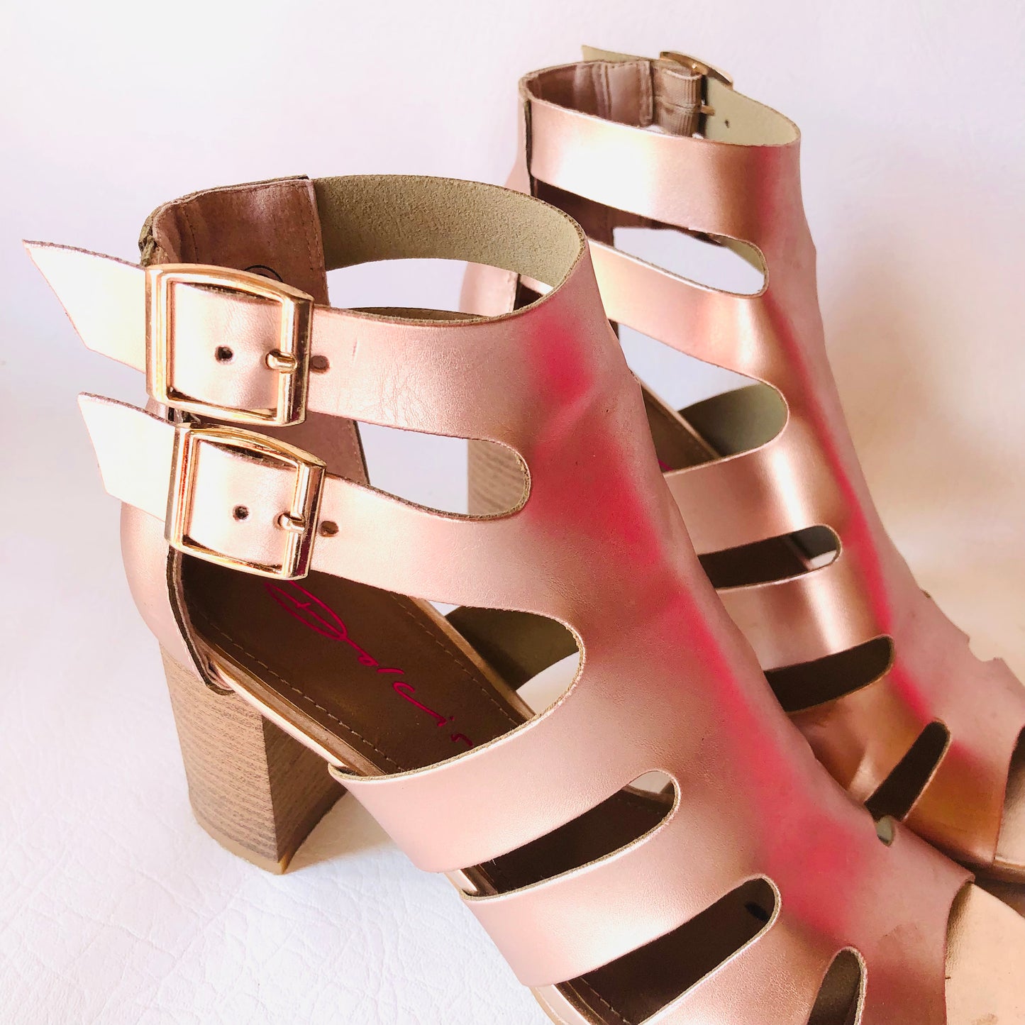 Dolcis Rose Gold Strappy Gladiator Style Block Sandal Heels Size 6 (39)