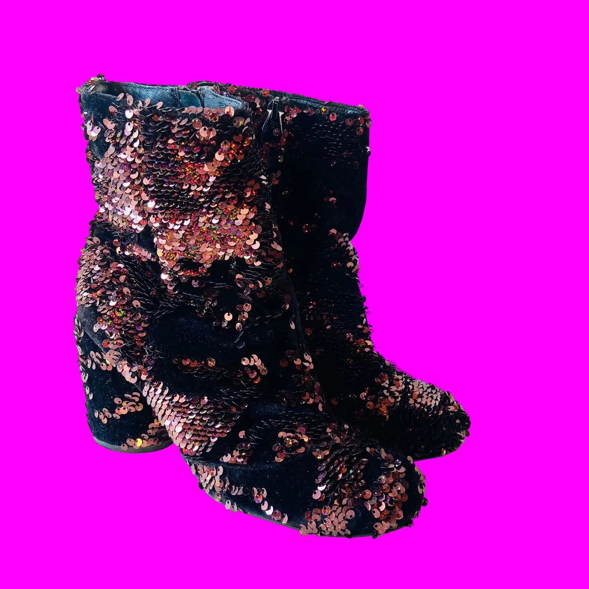 Topshop | Black Velvet & Copper Red Sequin | Block Heel Ankle Boots | Size 4 (37)