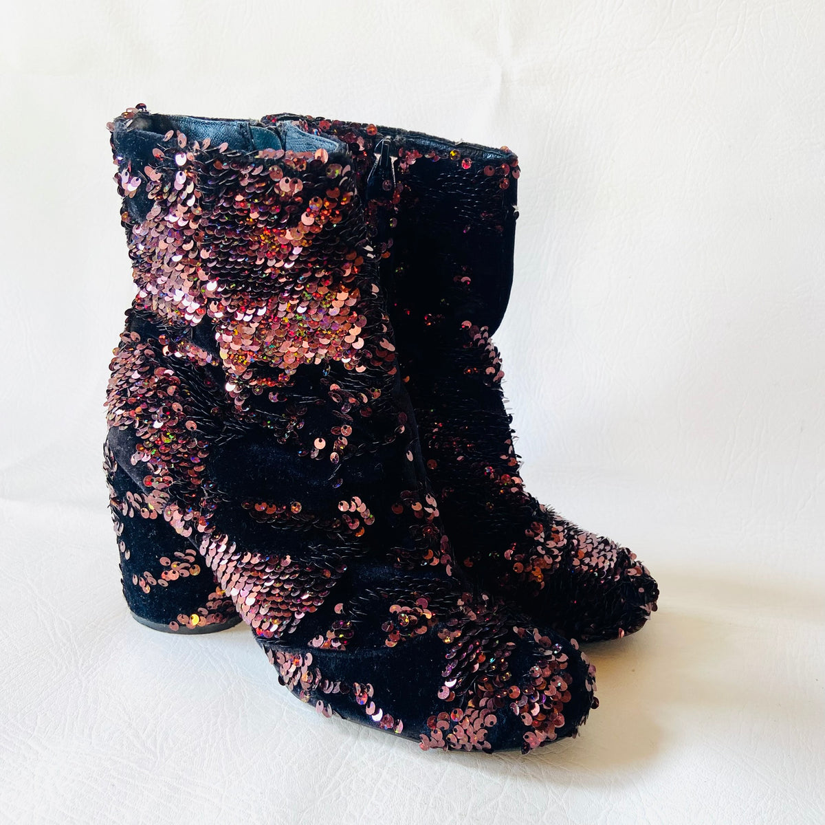 Topshop | Black Velvet & Copper Red Sequin | Block Heel Ankle Boots | Size 4 (37)