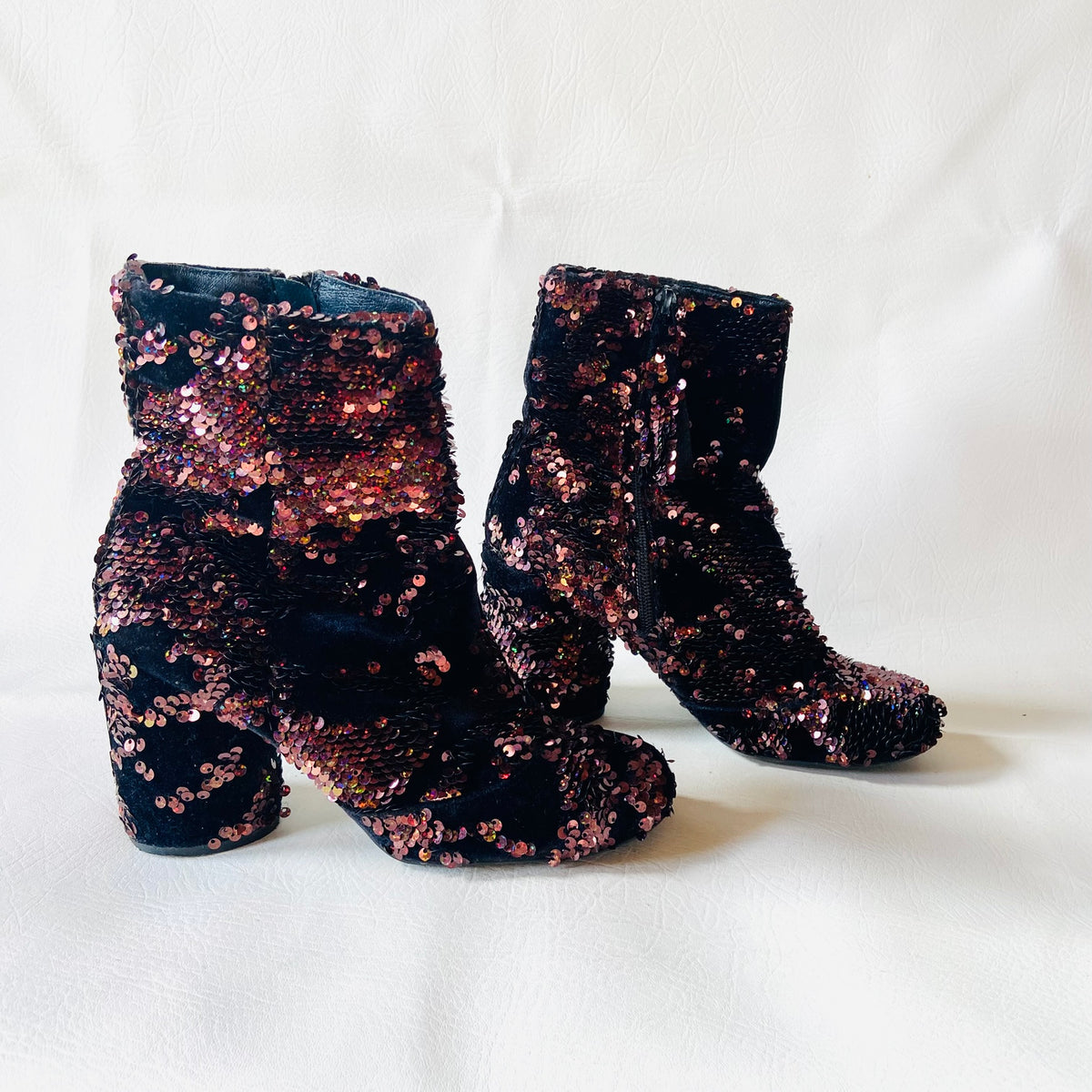 Topshop | Black Velvet & Copper Red Sequin | Block Heel Ankle Boots | Size 4 (37)