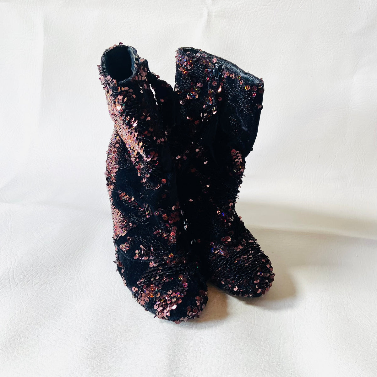 Topshop | Black Velvet & Copper Red Sequin | Block Heel Ankle Boots | Size 4 (37)