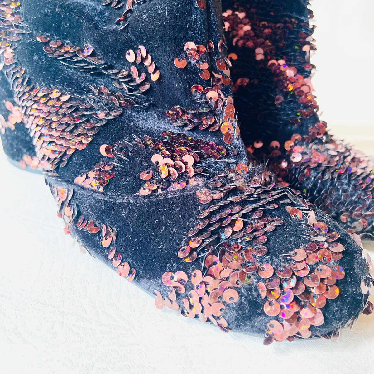 Topshop | Black Velvet & Copper Red Sequin | Block Heel Ankle Boots | Size 4 (37)