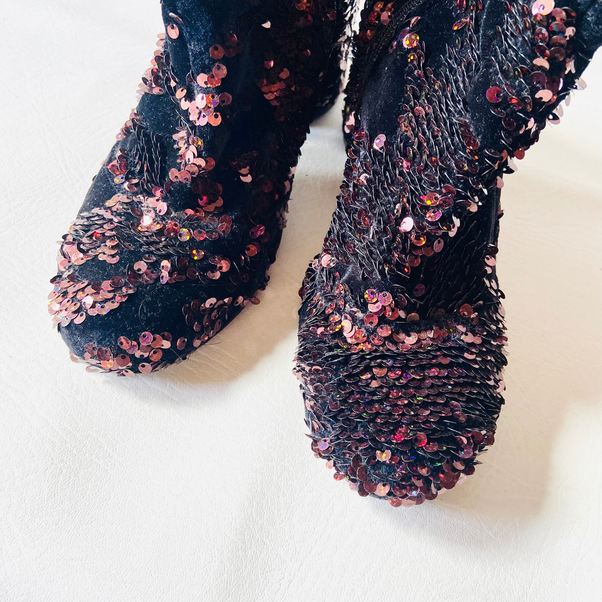 Topshop | Black Velvet & Copper Red Sequin | Block Heel Ankle Boots | Size 4 (37)