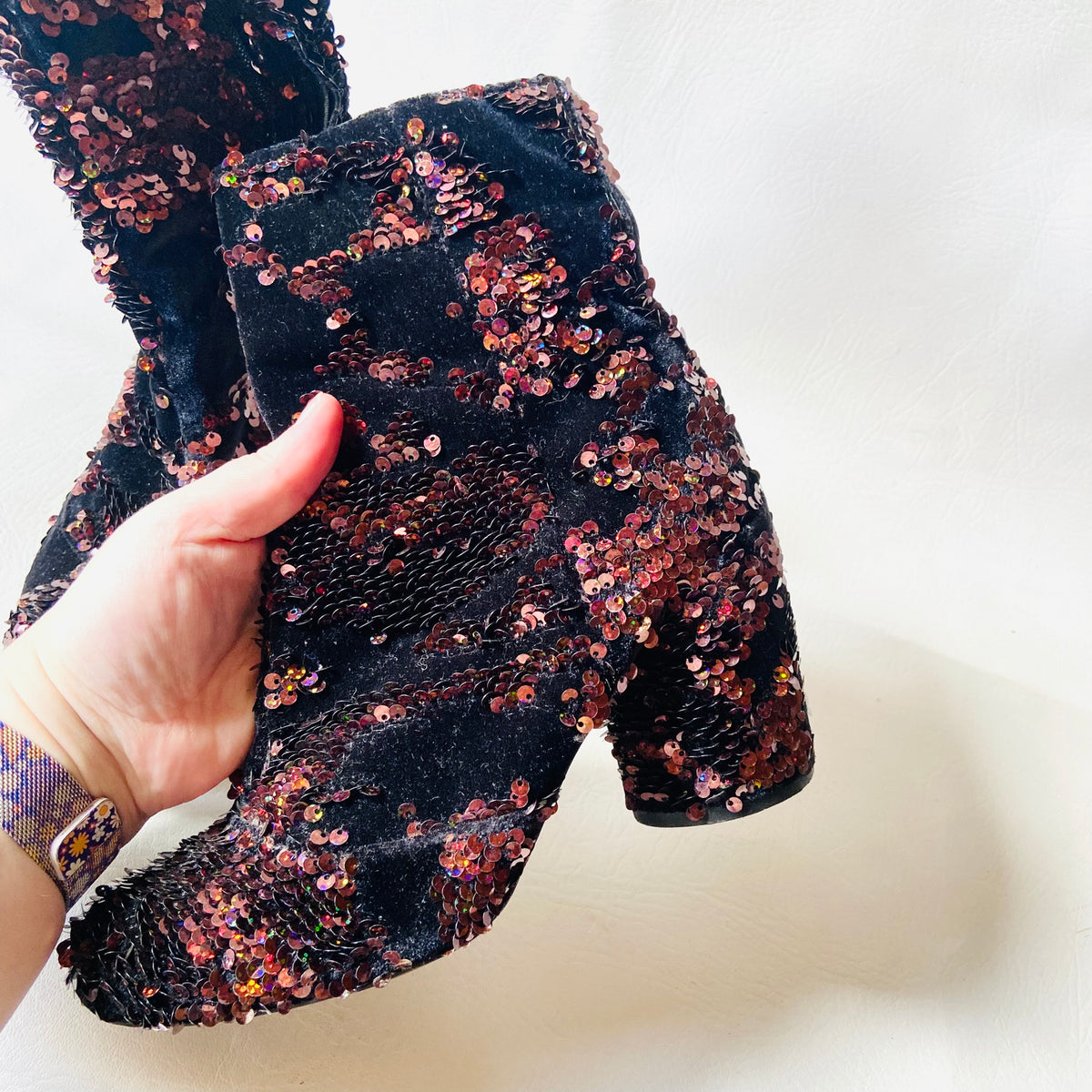 Topshop | Black Velvet & Copper Red Sequin | Block Heel Ankle Boots | Size 4 (37)