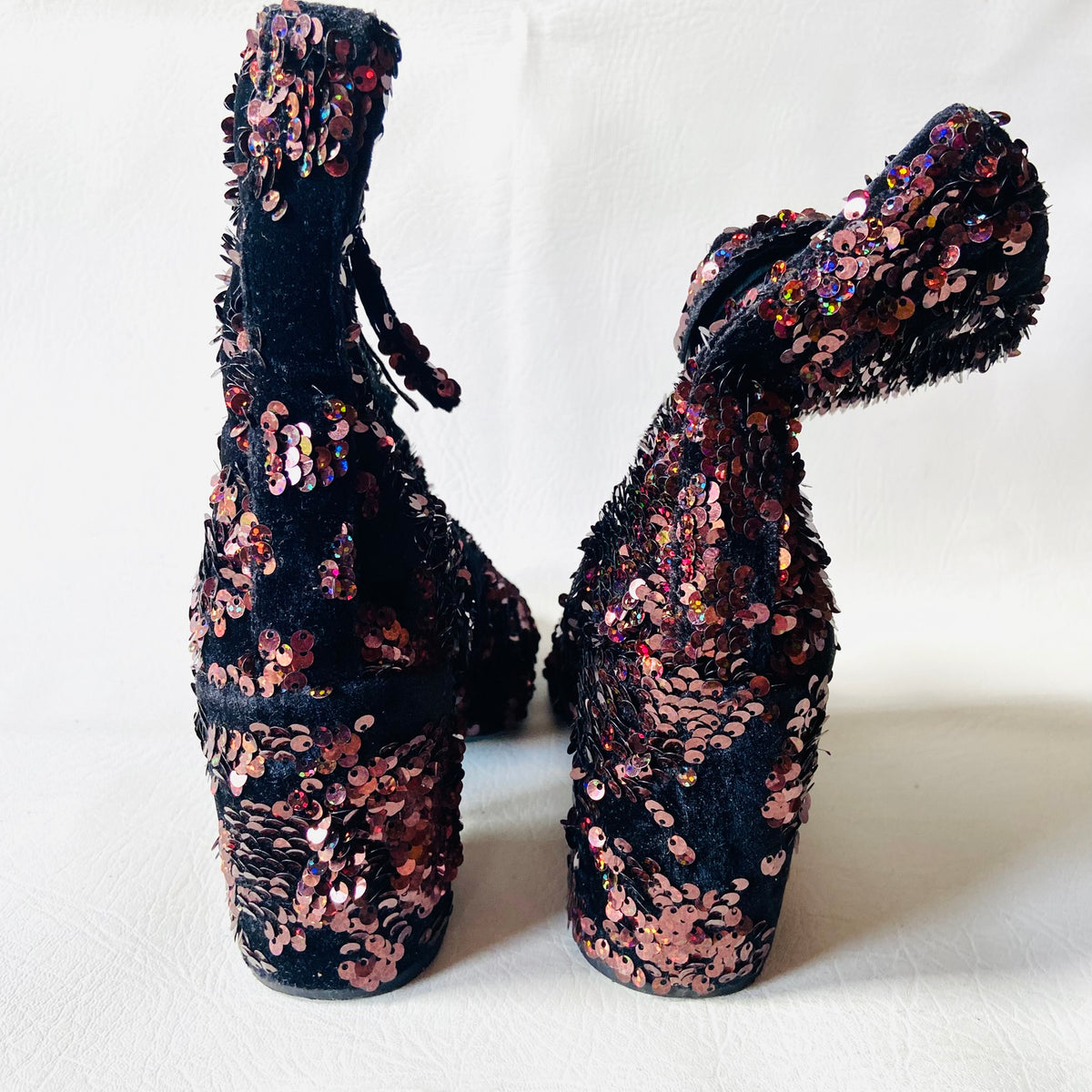 Topshop | Black Velvet & Copper Red Sequin | Block Heel Ankle Boots | Size 4 (37)